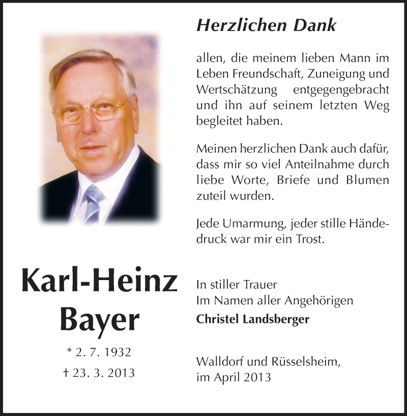  Traueranzeige für Karl-Heinz Bayer vom 13.04.2013 aus Rüsselsheimer Echo, Groß-Gerauer-Echo, Ried Echo