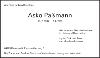 Traueranzeige von Asko Paßmann von Echo-Zeitungen (Gesamtausgabe)