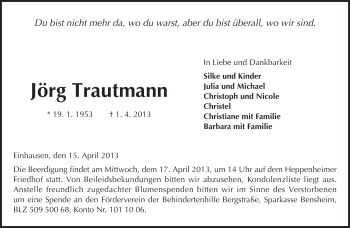 Traueranzeige von Jörg Trautmann von Starkenburger Echo, Bergsträßer Anzeiger