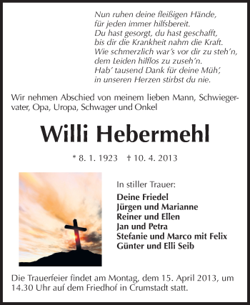 Traueranzeige von Willi Hebermehl von Rüsselsheimer Echo, Groß-Gerauer-Echo, Ried Echo