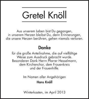 Traueranzeige von Gretel Knöll von Odenwälder Echo