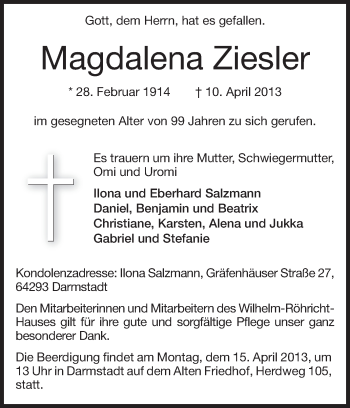Traueranzeige von Magdalena Ziesler von Echo-Zeitungen (Gesamtausgabe)