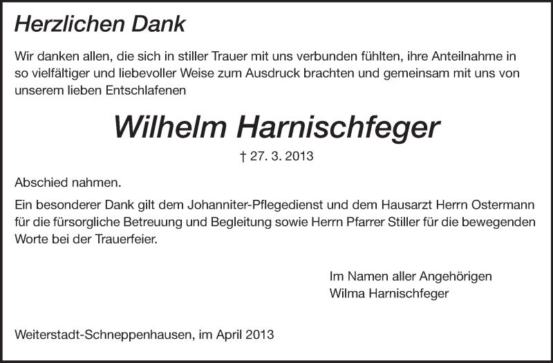  Traueranzeige für Wilhelm Harnischfeger vom 13.04.2013 aus Echo-Zeitungen (Gesamtausgabe)