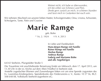 Traueranzeige von Marie Ramge von Echo-Zeitungen (Gesamtausgabe)