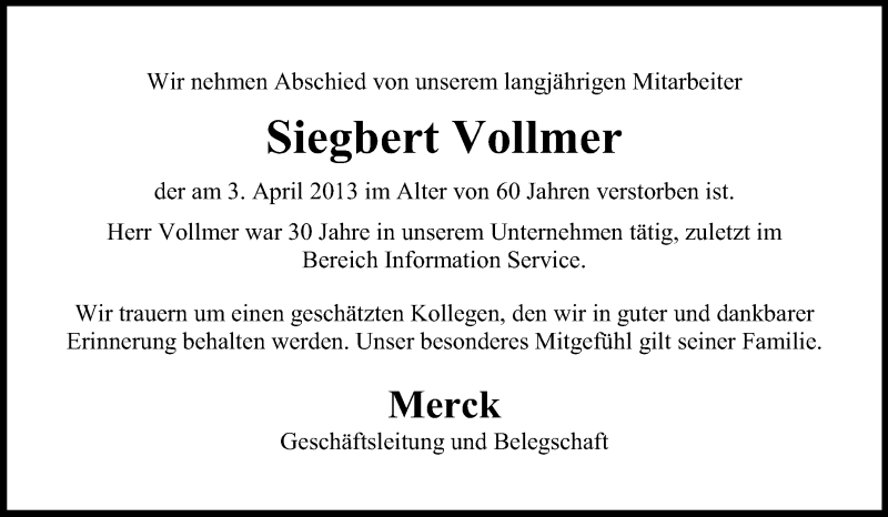  Traueranzeige für Siegbert Vollmer vom 12.04.2013 aus Echo-Zeitungen (Gesamtausgabe)