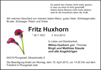 Traueranzeige von Fritz Huxhorn von Echo-Zeitungen (Gesamtausgabe)
