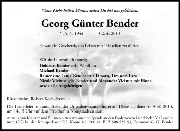 Traueranzeige von Georg Günter Bender von Rüsselsheimer Echo, Groß-Gerauer-Echo, Ried Echo