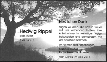 Traueranzeige von Hedwig Rippel von Rüsselsheimer Echo, Groß-Gerauer-Echo, Ried Echo