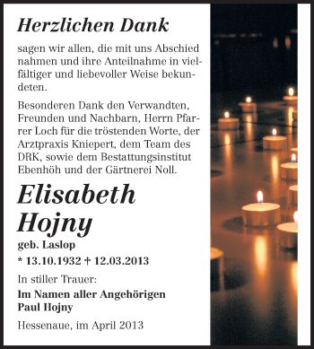 Traueranzeige von Elisabeth Hojny von Echo-Zeitungen (Gesamtausgabe)