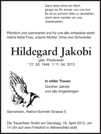 Traueranzeige von Hildegard Jakobi von Rüsselsheimer Echo, Groß-Gerauer-Echo, Ried Echo