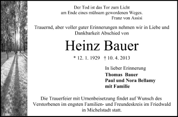 Traueranzeige von Heinz Bauer von Odenwälder Echo