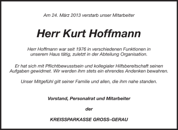 Traueranzeige von Kurt Hoffmann von Rüsselsheimer Echo, Groß-Gerauer-Echo, Ried Echo