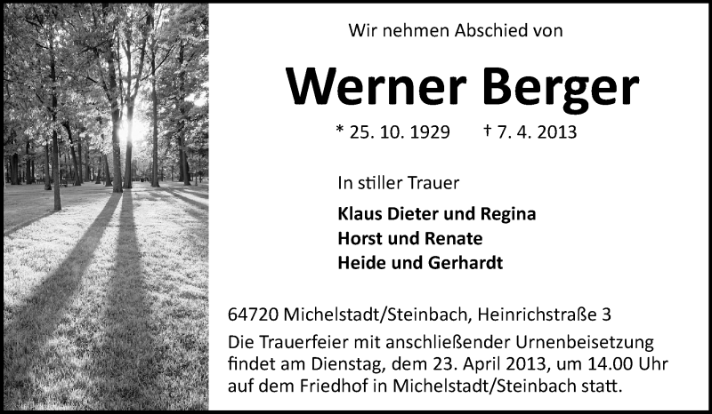  Traueranzeige für Werner Berger vom 13.04.2013 aus Odenwälder Echo