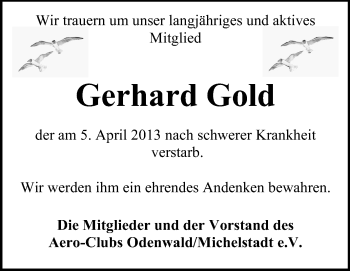 Traueranzeige von Gerhard Gold von Odenwälder Echo