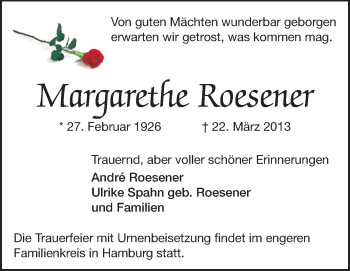 Traueranzeige von Margarethe Roesener von Echo-Zeitungen (Gesamtausgabe)