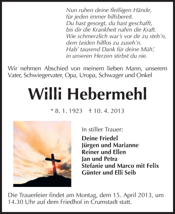 Traueranzeige von Willi Hebermehl von Rüsselsheimer Echo, Groß-Gerauer-Echo, Ried Echo