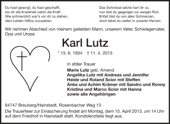 Traueranzeige von Karl Lutz von Odenwälder Echo