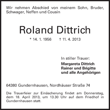 Traueranzeige von Roland Dittrich von Echo-Zeitungen (Gesamtausgabe)