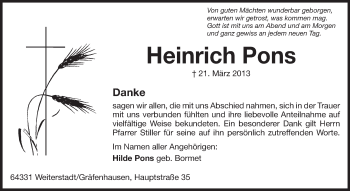 Traueranzeige von Heinrich Pons von Echo-Zeitungen (Gesamtausgabe)
