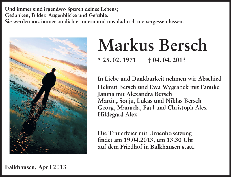 Traueranzeige für Markus Bersch vom 15.04.2013 aus Echo-Zeitungen (Gesamtausgabe)