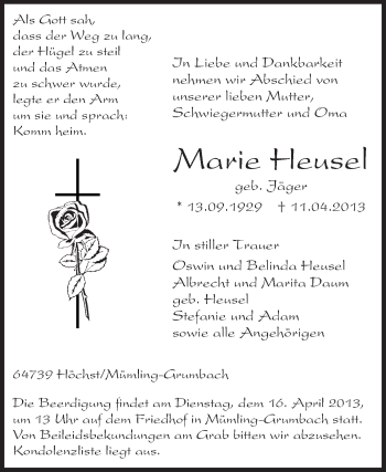 Traueranzeige von Marie Heusel von Odenwälder Echo
