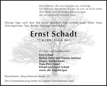 Traueranzeige von Ernst Schadt von Rüsselsheimer Echo, Groß-Gerauer-Echo, Ried Echo