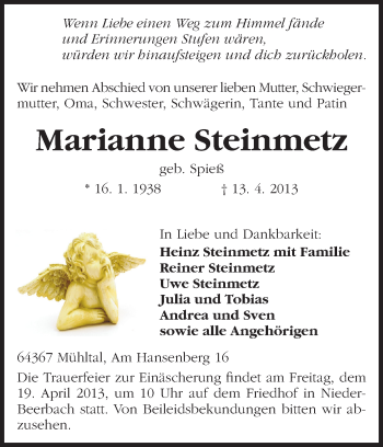 Traueranzeige von Marianne Steinmetz von Echo-Zeitungen (Gesamtausgabe)
