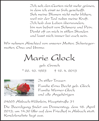 Traueranzeige von Marie Glock von Echo-Zeitungen (Gesamtausgabe)