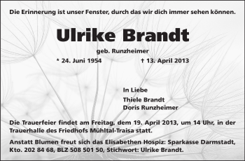 Traueranzeige von Ulrike Brandt von Echo-Zeitungen (Gesamtausgabe)