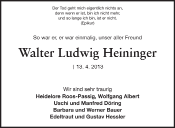 Traueranzeige von Walter Ludwig Heininger von Echo-Zeitungen (Gesamtausgabe)