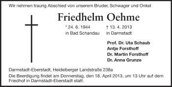 Traueranzeige von Friedhelm Oehme von Echo-Zeitungen (Gesamtausgabe)