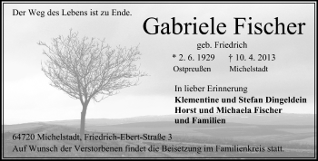 Traueranzeige von Gabriele Fischer von Odenwälder Echo