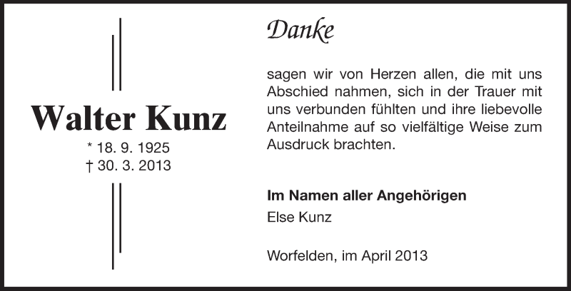  Traueranzeige für Walter Kunz vom 23.04.2013 aus Echo-Zeitungen (Gesamtausgabe)