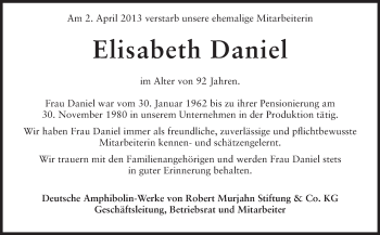 Traueranzeige von Elisabeth Daniel von Echo-Zeitungen (Gesamtausgabe)