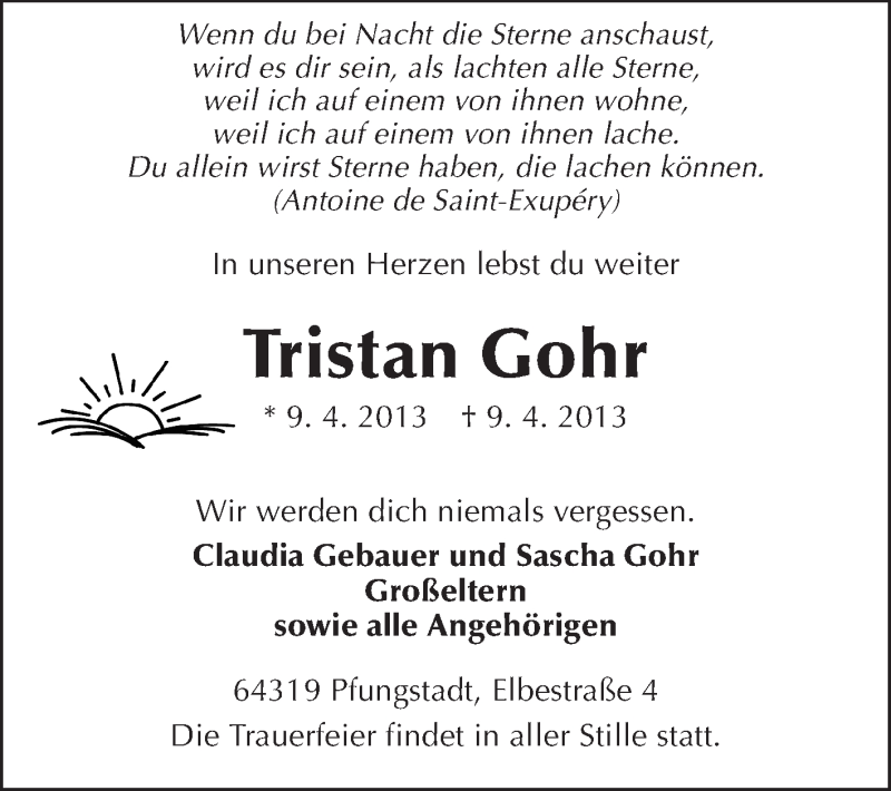  Traueranzeige für Tristan Gohr vom 20.04.2013 aus Echo-Zeitungen (Gesamtausgabe)
