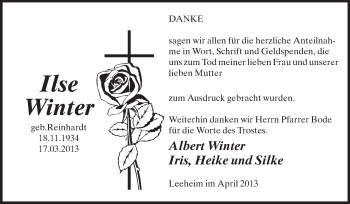 Traueranzeige von Ilse Winter von Rüsselsheimer Echo, Groß-Gerauer-Echo, Ried Echo