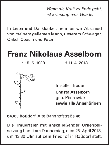 Traueranzeige von Franz Nikolaus Asselborn von Echo-Zeitungen (Gesamtausgabe)