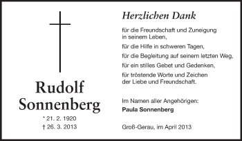 Traueranzeige von Rudolf Sonnenberg von Rüsselsheimer Echo, Groß-Gerauer-Echo, Ried Echo
