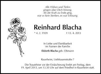 Traueranzeige von Reinhard Blacha von Rüsselsheimer Echo, Groß-Gerauer-Echo, Ried Echo