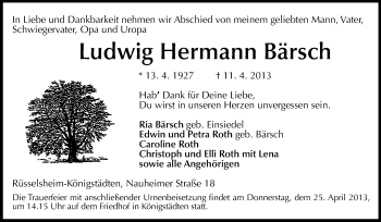 Traueranzeige von Ludwig Hermann Bärsch von Rüsselsheimer Echo, Groß-Gerauer-Echo, Ried Echo