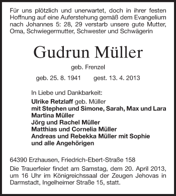 Traueranzeige von Gudrun Müller von Echo-Zeitungen (Gesamtausgabe)
