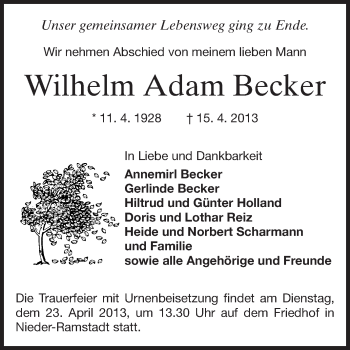Traueranzeige von Wilhelm Adam Becker von Echo-Zeitungen (Gesamtausgabe)