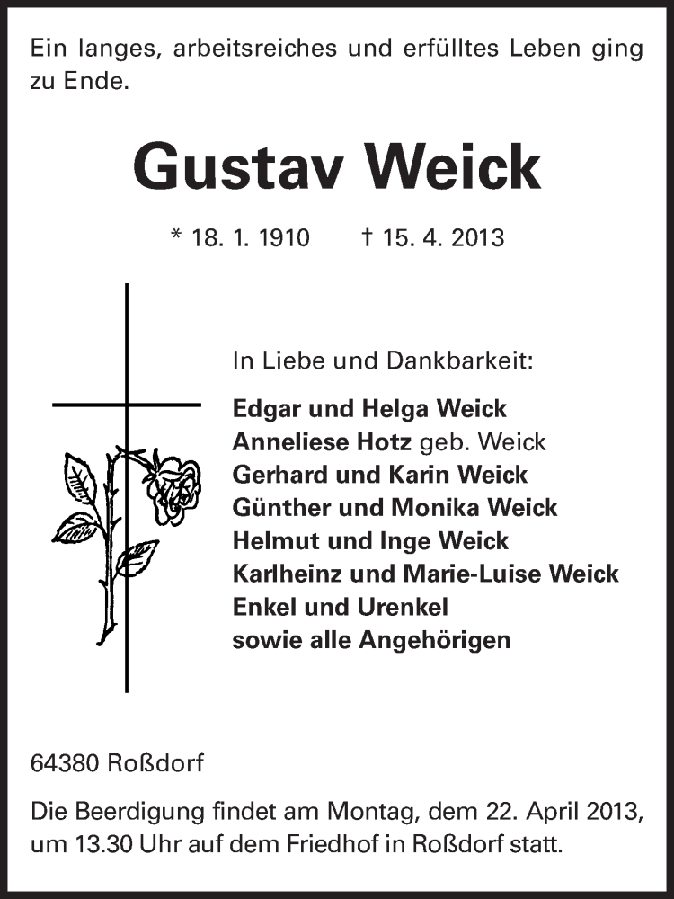 Traueranzeige für Gustav Weick vom 19.04.2013 aus Echo-Zeitungen (Gesamtausgabe)