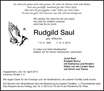 Traueranzeige von Rudgild Saul von Starkenburger Echo
