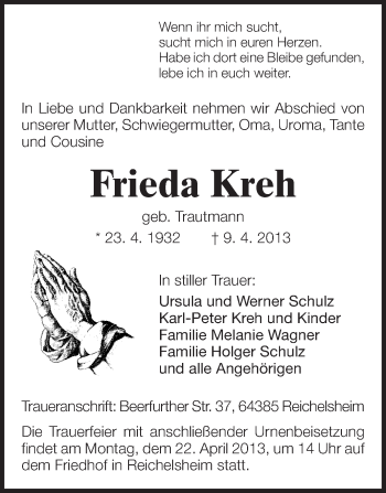 Traueranzeige von Frieda Kreh von Odenwälder Echo