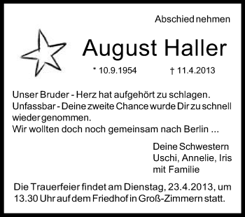 Traueranzeige von August Haller von Echo-Zeitungen (Gesamtausgabe)
