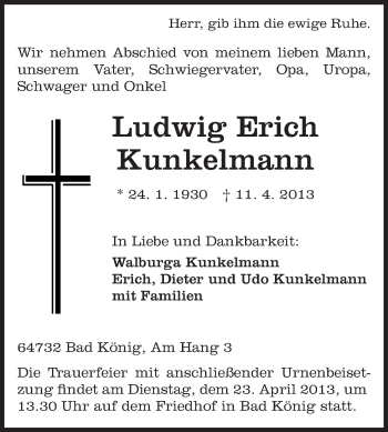 Traueranzeige von Ludwig Erich Kunkelmann von Odenwälder Echo