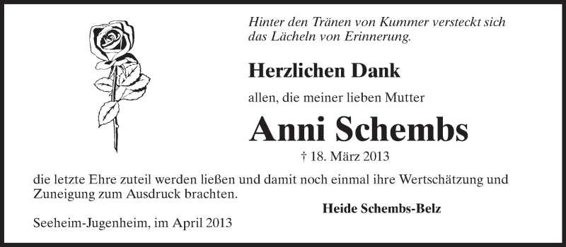  Traueranzeige für Anni Schembs vom 20.04.2013 aus Echo-Zeitungen (Gesamtausgabe)