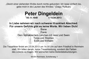 Traueranzeige von Peter Dingeldein von Echo-Zeitungen (Gesamtausgabe)