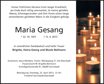Traueranzeige von Maria Gesang von Echo-Zeitungen (Gesamtausgabe)